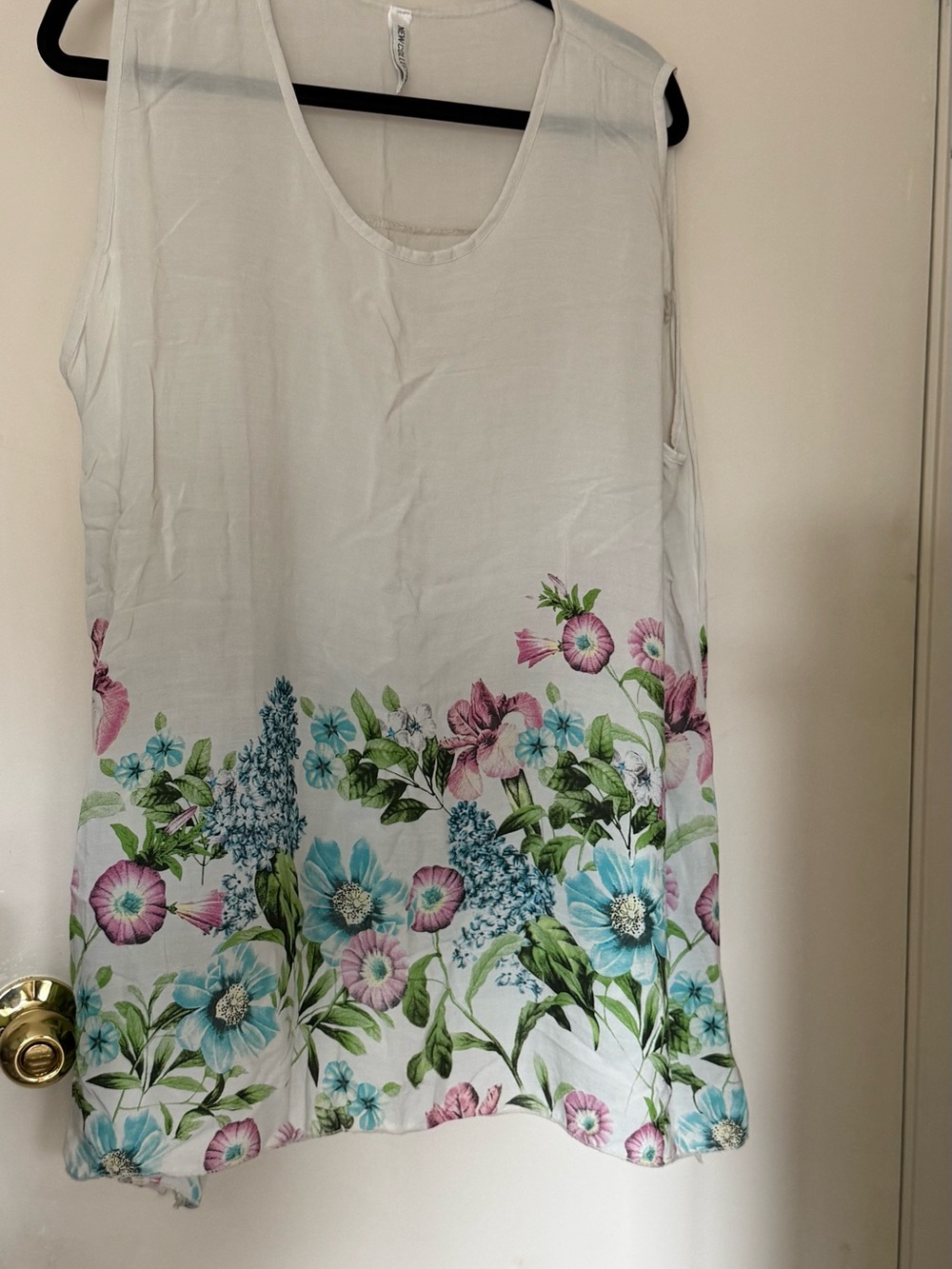 White Floral Border Tank Top with Blue & Pink Blooms